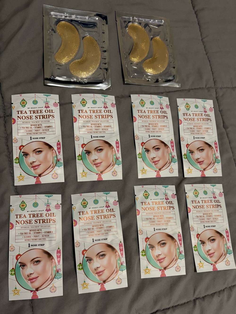 Tea tree oil nose strips and gold gel eye masks